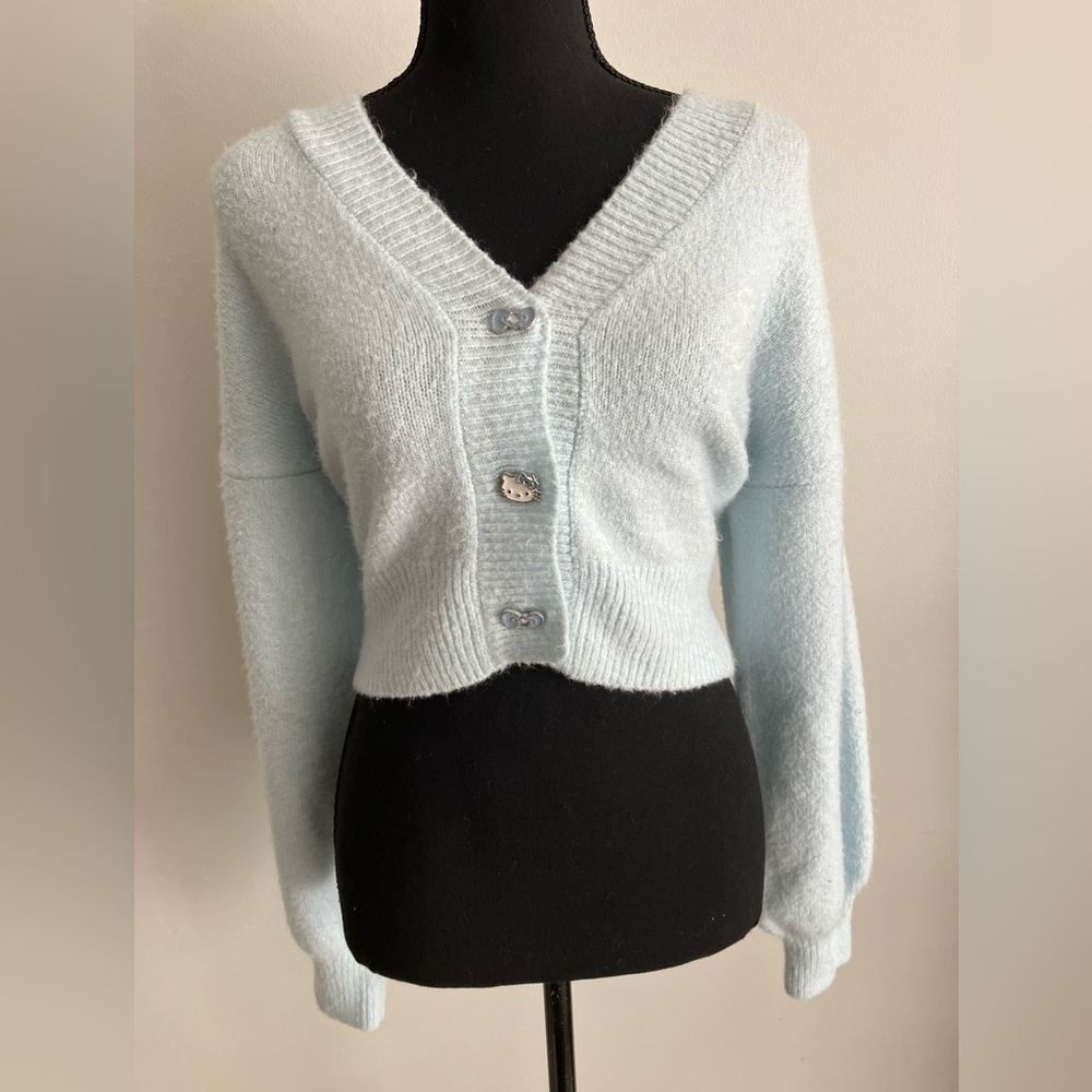 Hello Kitty x Forever 21 Fuzzy Blue Cardigan Sweater - Cropped, Soft Knit
